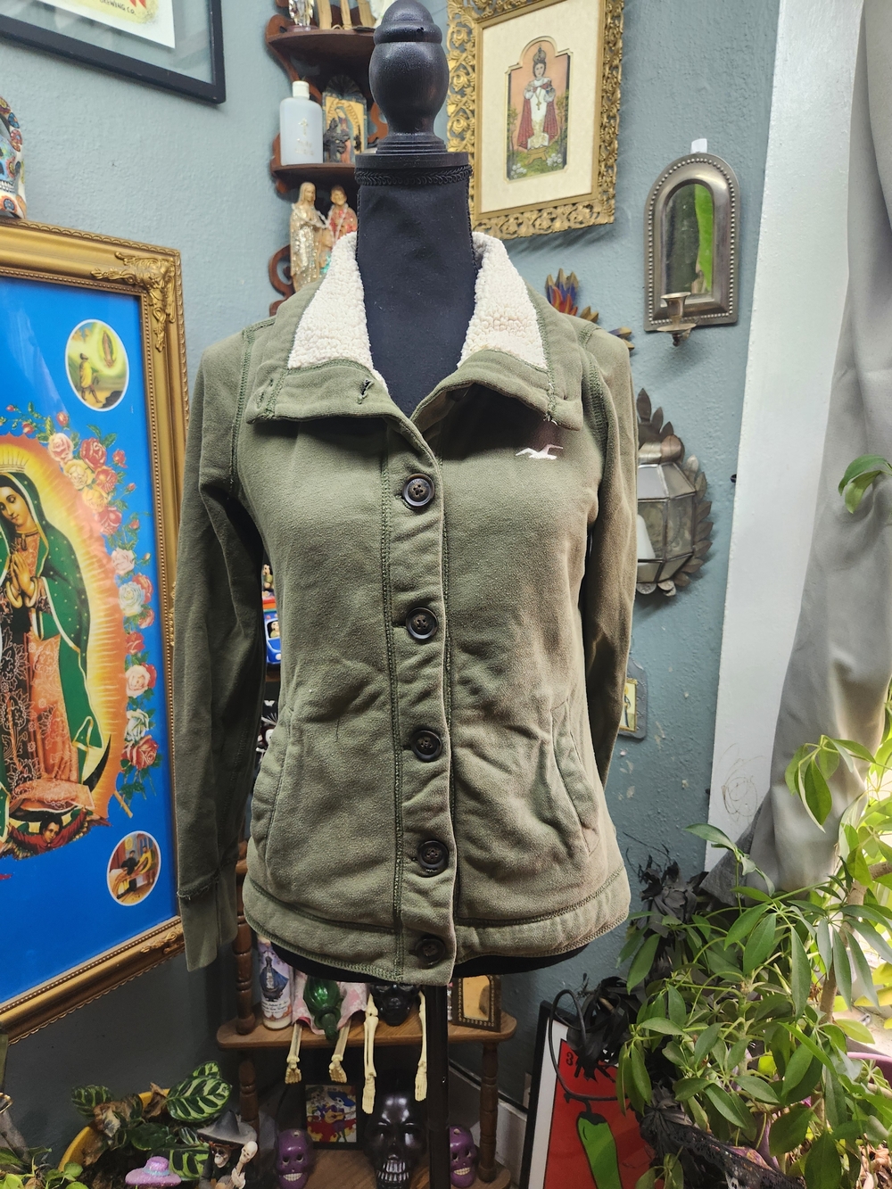 Hollister Olive Green Sherpa Collar Button-Up Jacket